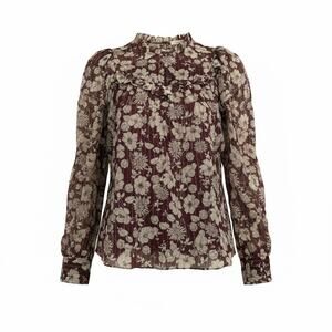 Shoshanna Silk Metallic Ruffle Blouse Burgundy Floral High Neck - XS